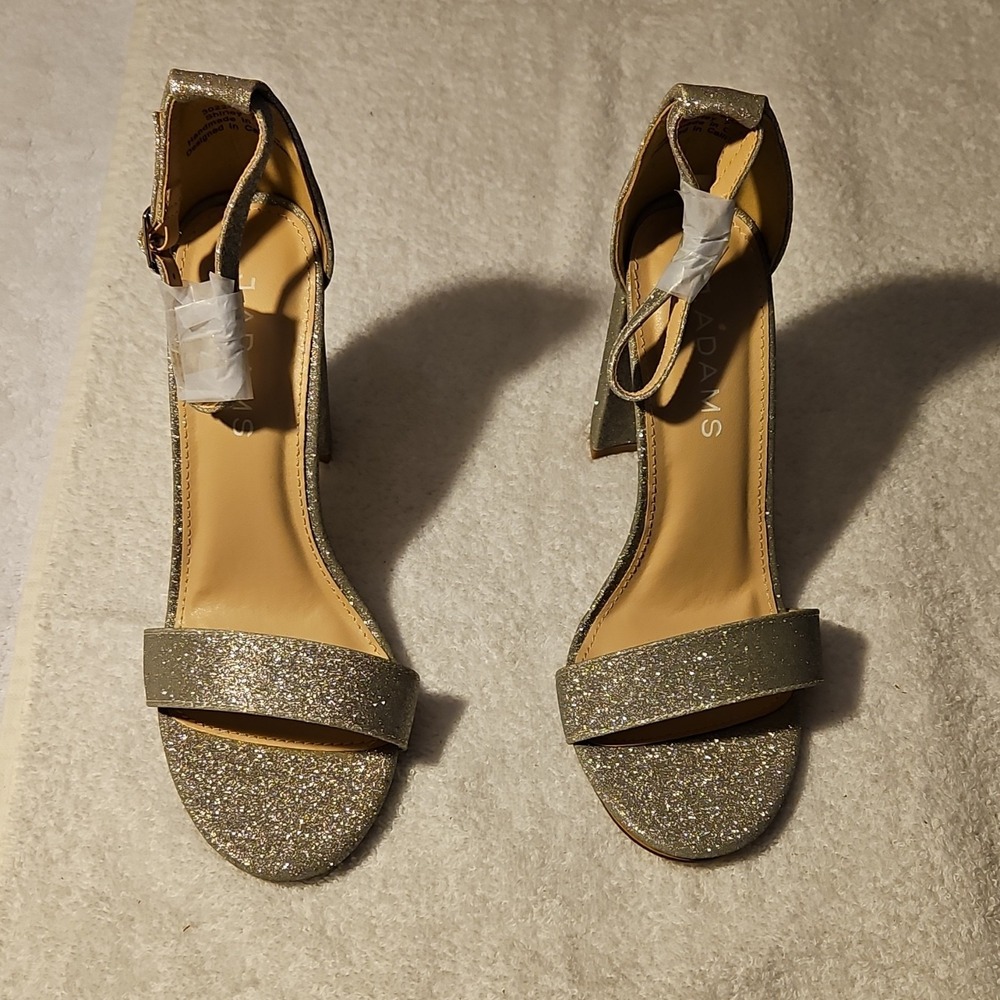 J. Adams Silver‎ Synthetic Glitter Block Heel Ankle Strap Buckle Size 7